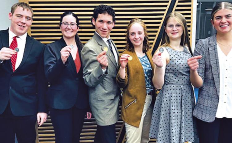 Photo by Raime Varvel Six Hay Springs Hawks Speech members are headed to State! Taden Tobiasson, Abigail Russell, Chase Brunsch, Ava McKillip, Abigail Nelson, and Julia Russell all qualified in their respective categories for the State Meet in Kearney on Friday, March 22.